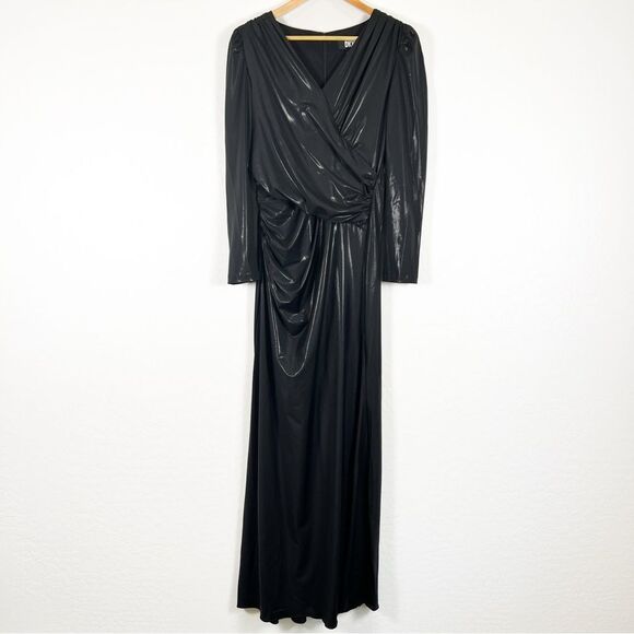 DKNY Dress Side Ruched Jersey Long V-neck Surplice Dress Faux Leather Look 6 NWT - Picture 4 of 16